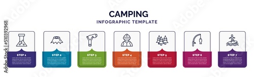 infographic template with icons and 7 options or steps. infographic for camping concept. included flask, stump, slingshot, jockey, forest, fishing rod, surfing icons.