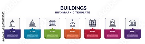 infographic template with icons and 7 options or steps. infographic for buildings concept. included hindu temple, capitol building, lincoln memorial, moot hall, notre dame, islamic cemetery, greece