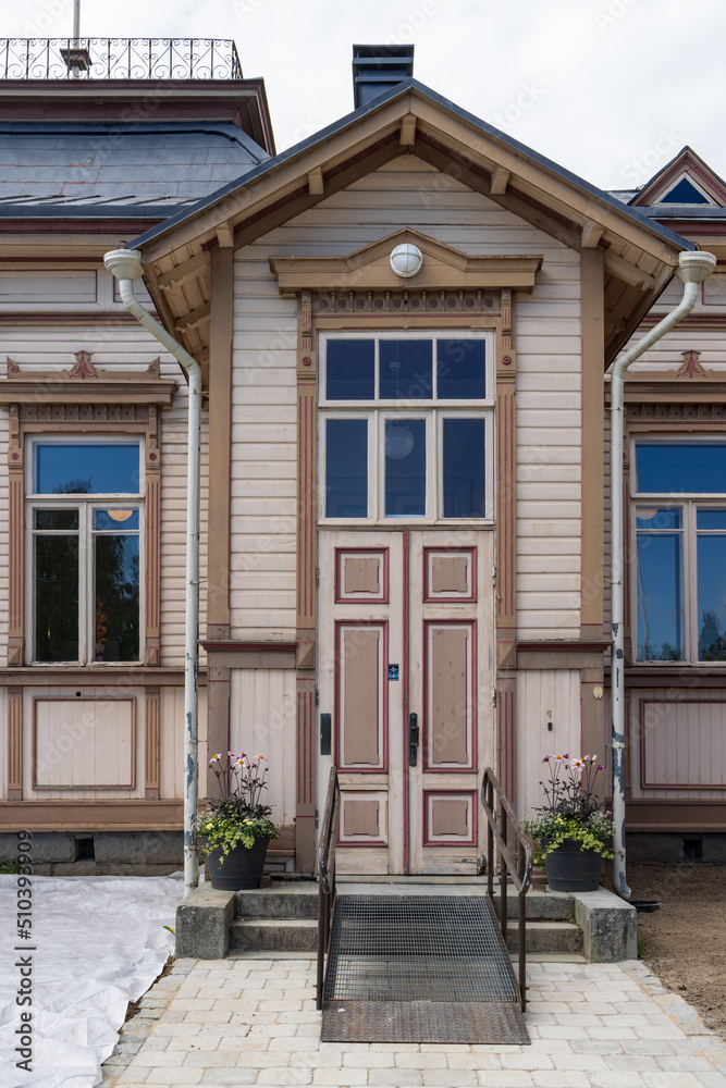 Entrance of a typical Finnish building in Iisalmi in Savonia in Finland