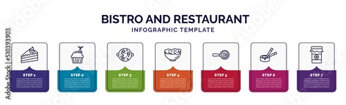 infographic template with icons and 7 options or steps. infographic for bistro and restaurant concept. included cake piece with cream, cupcake with cherry, paella parwns, appetizers bowl, restaurant