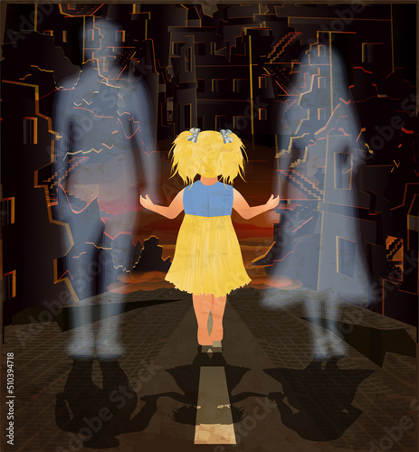 Stop War. little girl holds the hands of her dead parents. vector illustration