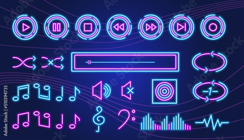 Set of vector glowing music, sound and record icons for web, apps, mobile mp3 players etc.