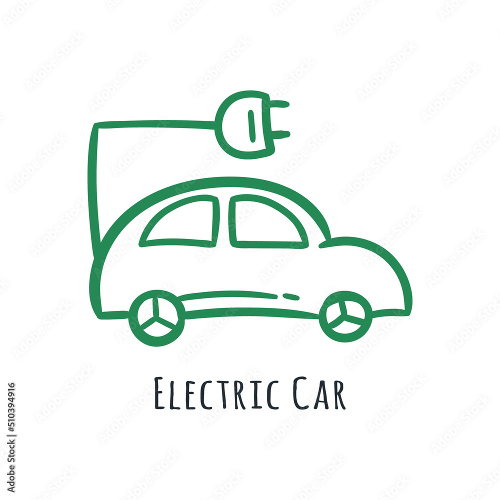 Electric car icon doodle illustration drawing hand drawn cartoon. Eco friendly green energy