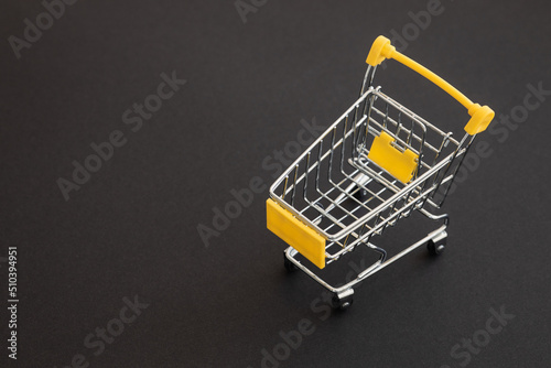 Mini green supermarket trolley on black background. Shopping concept