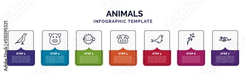 infographic template with icons and 7 options or steps. infographic for animals concept. included raven, hog, puffer, guinea pig, sea lion, gecko, armadillo icons.
