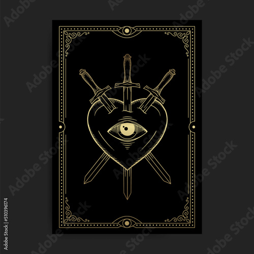 Heart with three swords and one eye in golden engraving style