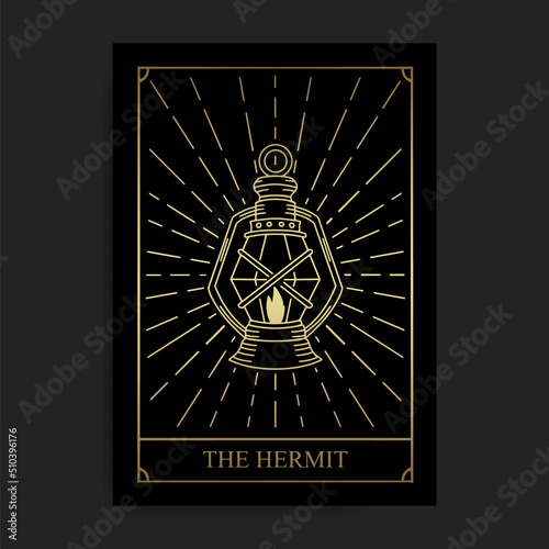 Tableau sur toile The hermit magic major arcana tarot card in golden hand drawn style