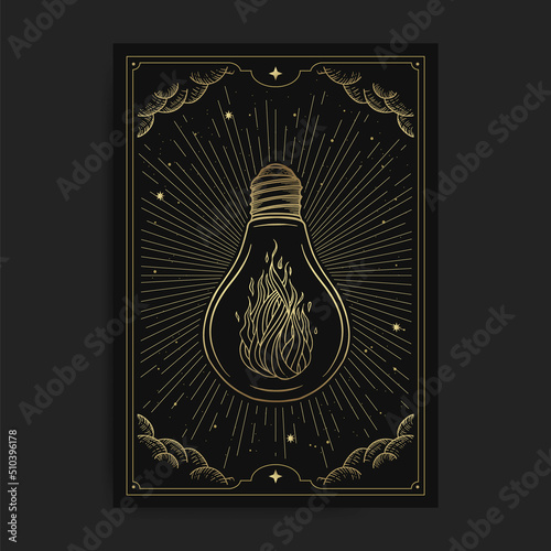 Mystical fire in a neon lamp in golden engraving style