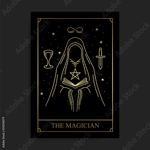 The magician major arcana tarot card in golden hand drawn style