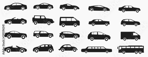 Car icon set. vehicle isolated car types set. Car icon front, car icon line, truck icon, car icon outline. Stock Vector illustration 
