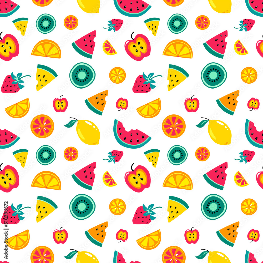 Summer bright color seamless pattern with tropical fruits.