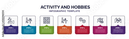 infographic template with icons and 7 options or steps. infographic for activity and hobbies concept. included parkour, insect collecting, quilt, jewelry making, boggle, dish washing, travelling