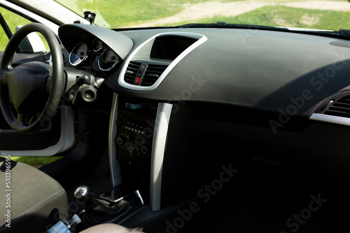 front passenger seat in the car. white car. vehicle interior. passenger car seat