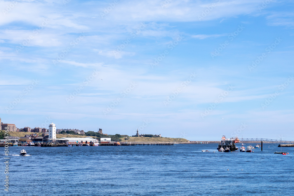 North Shields England - 05.08.2018: Shields Metro Ferry Crossing on a sunny day view from onboard boat
