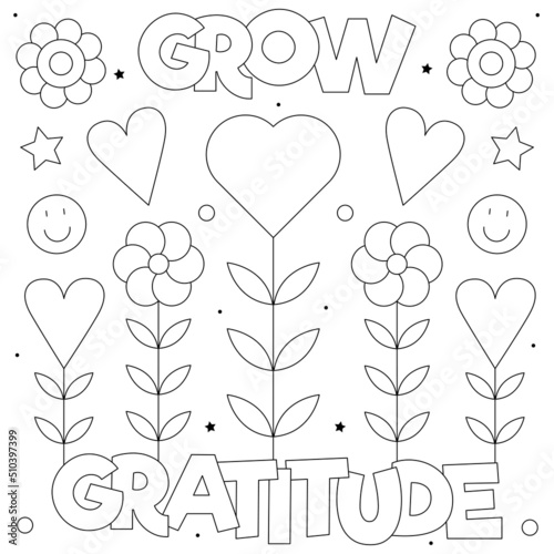 Grow gratitude. Coloring page. Black and white vector illustration.