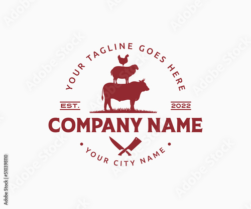 Butchery logo design. Bull, Lamb, and Chicken meat shop logo. Butcher shop logo design template.