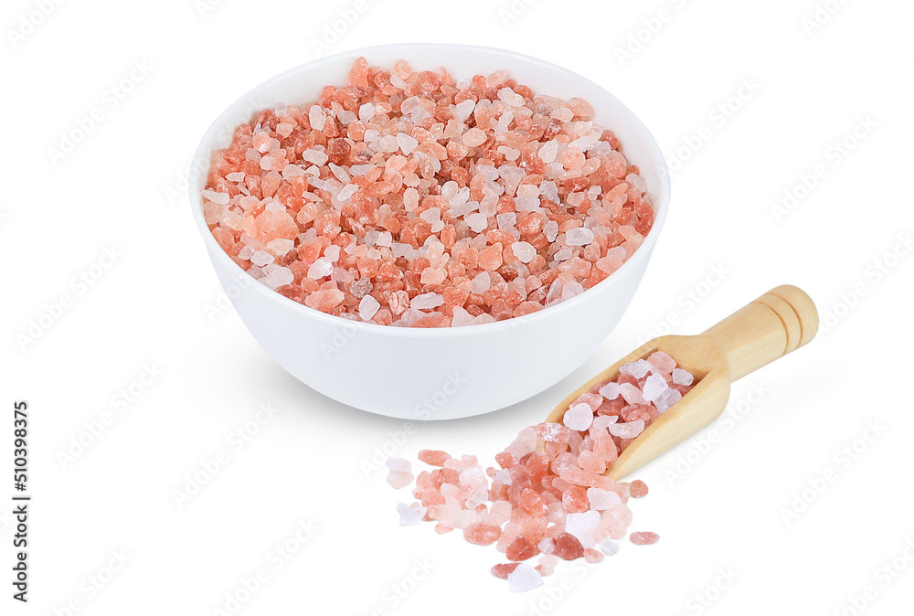Himalayan salt on an isolated white background. Himalayan salt in bowl and sсoop Himalayan salt on an isolated white background. Himalayan salt in bowl and sсoop