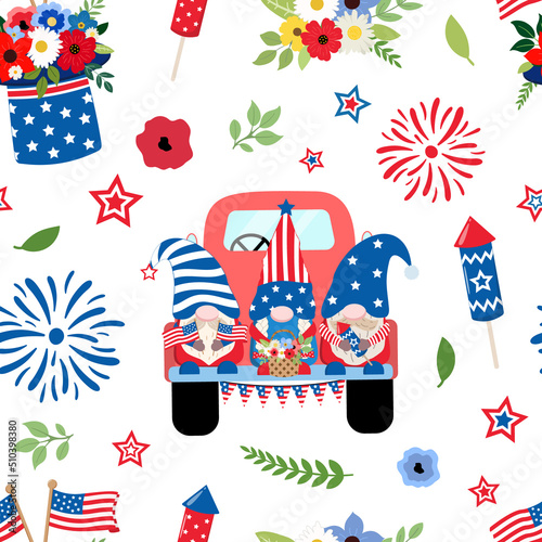 4th of July patriotic floral truck with cute gnomes, crackers, and sparklers seamless pattern. Isolated on white background. American Independence Day, 4th of July holiday themed design.