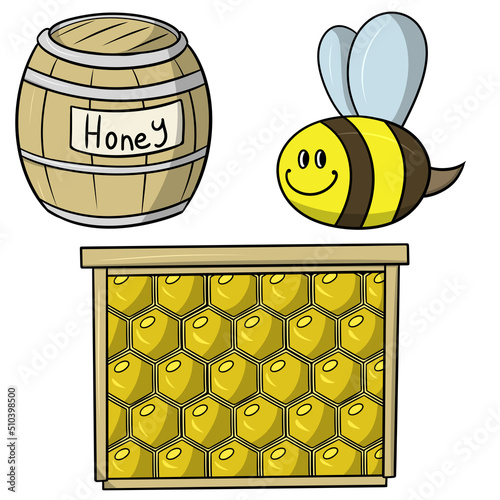 A set of cartoon images with a smiling kind bee, a whole barrel with the inscription honey