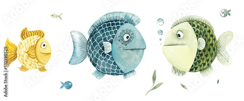 Cartoon Fishes. Children illustration. Watercolor hand drawn clip arts
