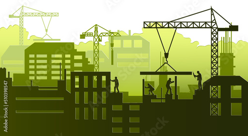 Silhouette engineer and  construction team working at site.Vector paper cut style.