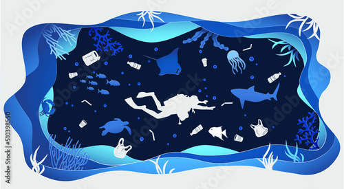 Polluted ocean and plastic waste in the ocean.Vector paper cut style.