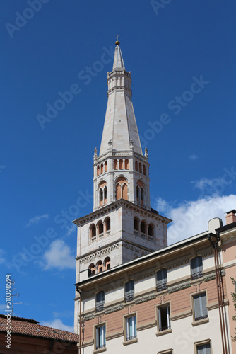 Modena  Italy  touristic city  Ghirlandina tower in the blue sky  Unesco