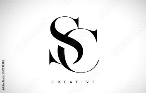 SC Artistic Letter Logo Design with Serif Font in Black and White Colors Vector Illustration