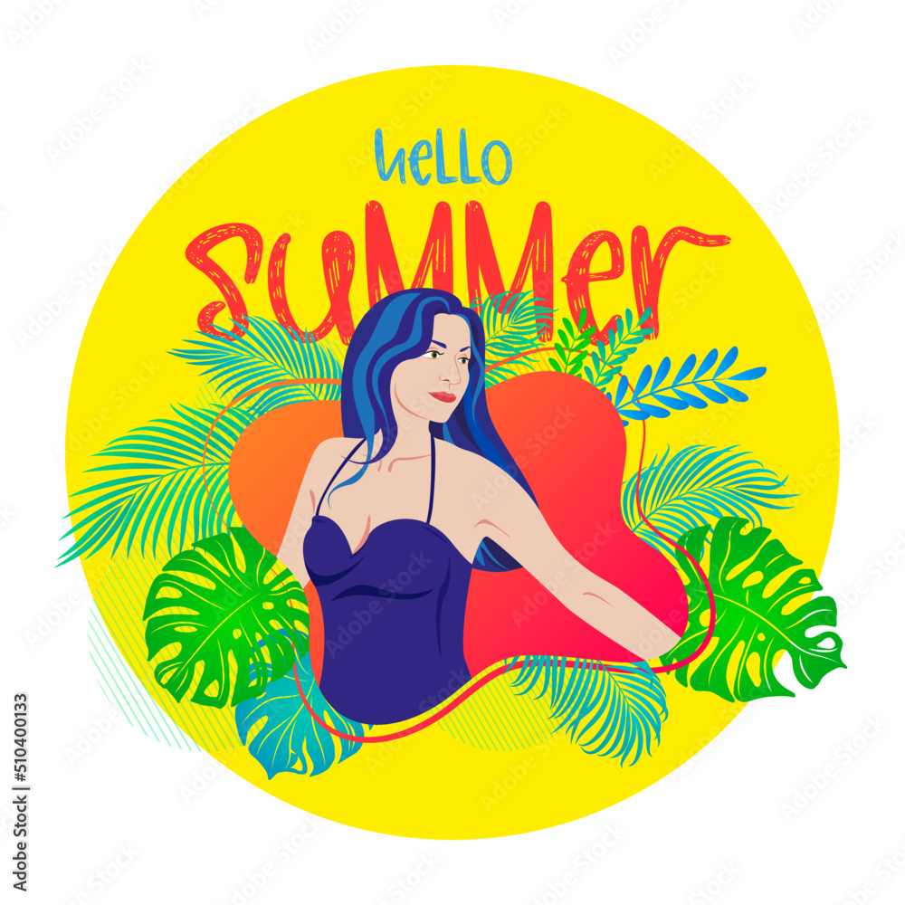 Hello summer. A collage of summer elements, a girl in an abstract spot, palm leaves and monstera leaves. Vector illustration for banner, postcard, cover, travel agency advertisement