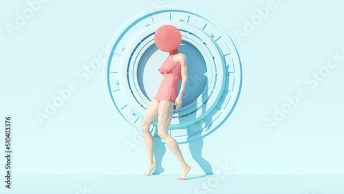 Fotografiet Bubble Gum Head Woman Blue Pink Unique Futuristic Rebel Avant-Garde Fashion Styl