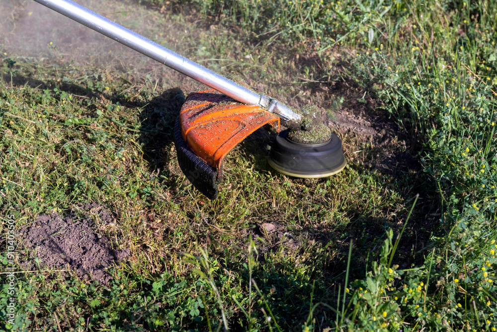 Work on mowing grass with a trimmer. the process of mowing tall grass with a trimmer.