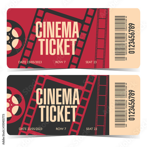Cinema ticket with rounded corners, barcode and cinematographic film strip and film reel on red or black background. Movie session entrance coupon template design.