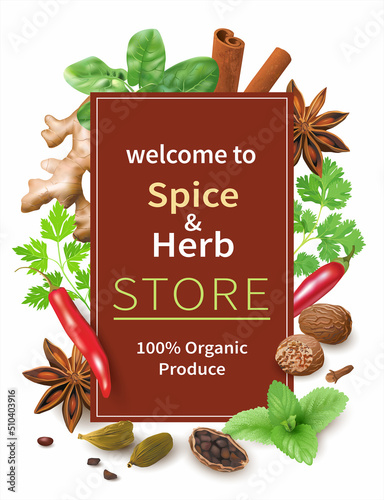 Promotion banner for spice and herbs store. Vector illustration.