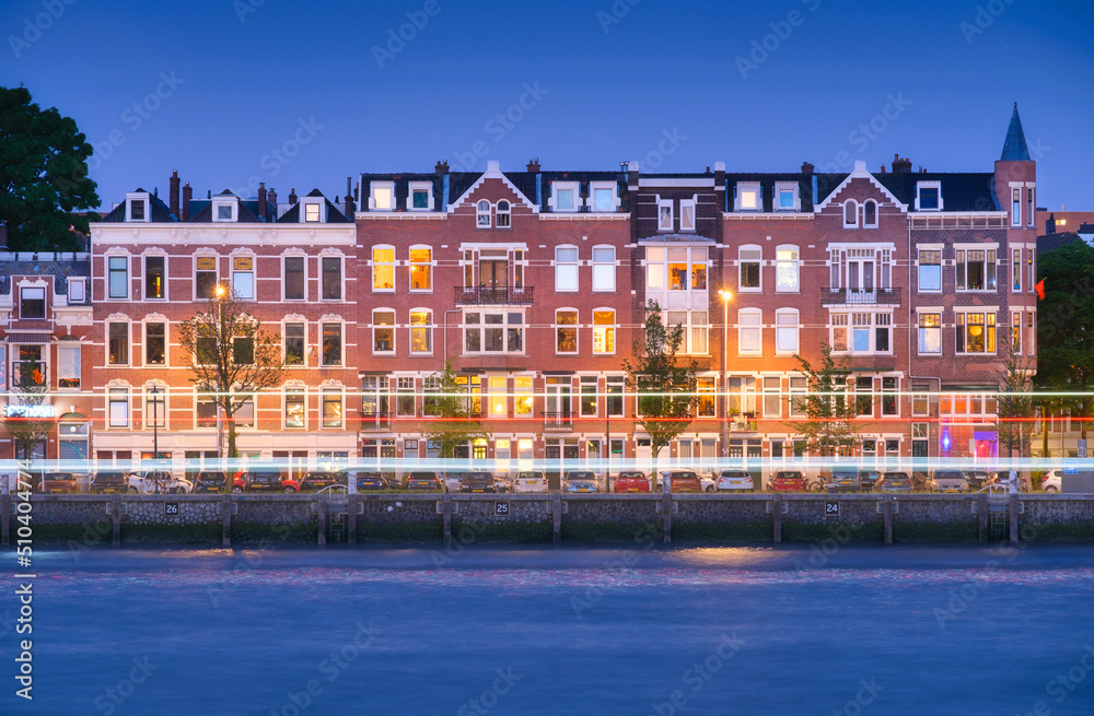 Rotterdam, Netherlands. View of the city center. Old houses. Panoramic view. Cityscape in the evening. Skyscrapers and buildings.