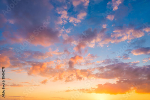 Sky with clouds during sunset. Clouds and blue sky. A high-resolution photograph. Panoramic photo for design and background.