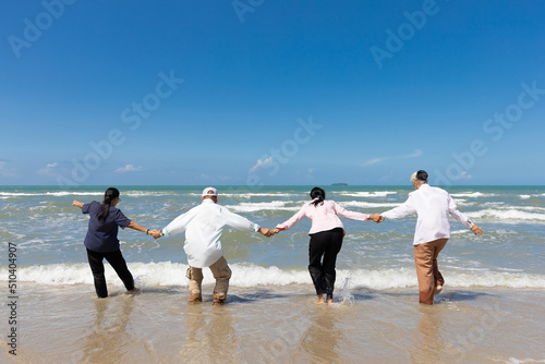 back view group of seniors people holding hands together and enjoy travel on the beach © offsuperphoto