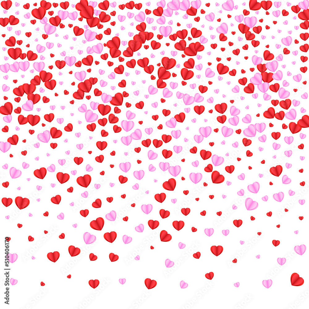 Tender Confetti Background White Vector. Random Backdrop Heart. Fond Card Pattern. Pink Heart Decor Illustration. Red Love Frame.