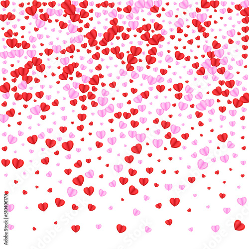 Tender Confetti Background White Vector. Random Backdrop Heart. Fond Card Pattern. Pink Heart Decor Illustration. Red Love Frame.