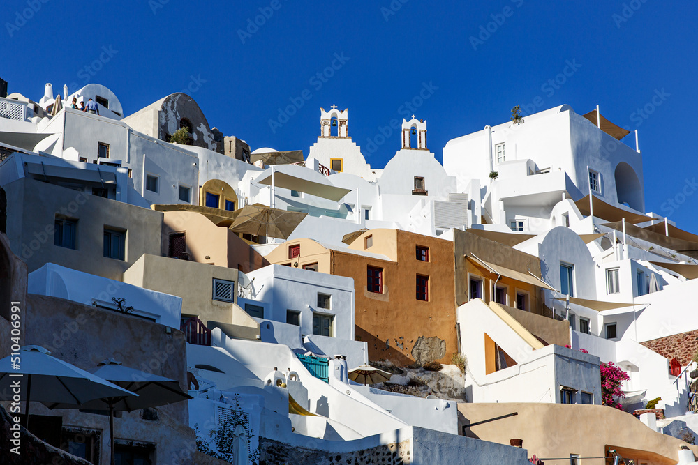 Santorini architecture with traditional Greek white buildings. Stock Photo Adobe Stock