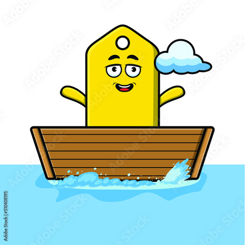 cute cartoon price tag get on boat in vector character illustration