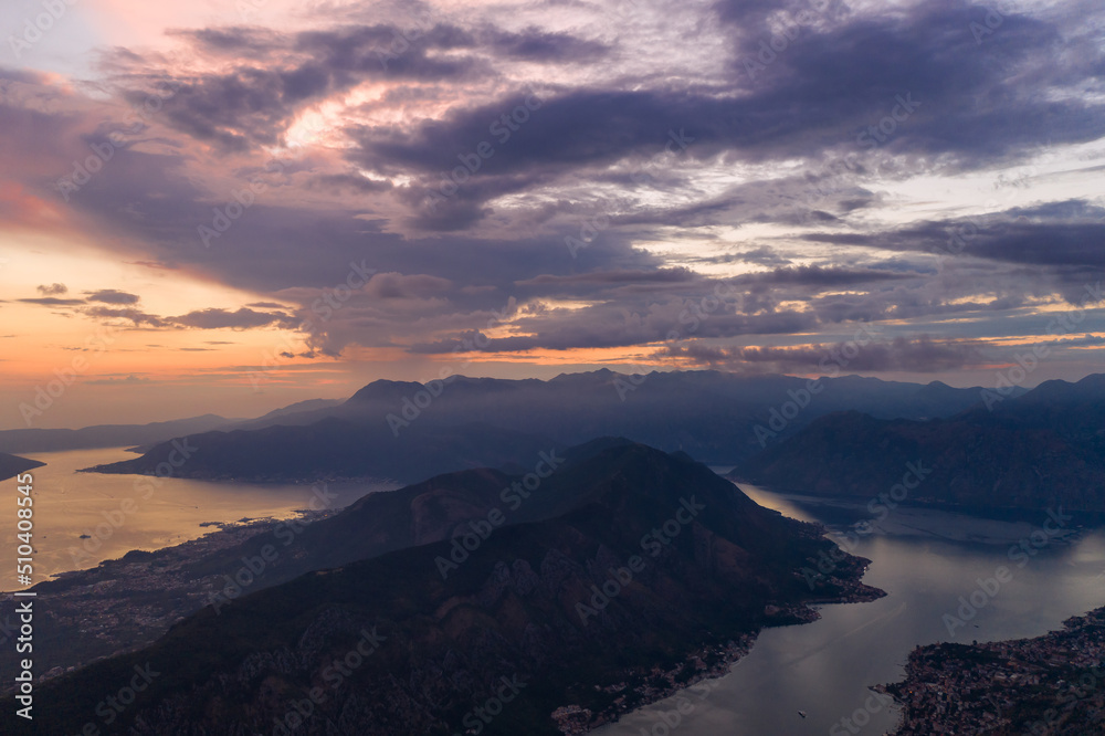Evening view of the Bay of Kotor in Montenegro. Panorama.	