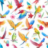 Beautiful Bird parrot Macaw and paradise flower of leaf hand painted watercolor seamless pattern