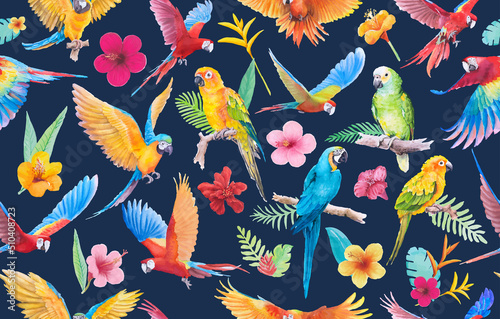 Beautiful Bird parrot Macaw and paradise flower of leaf hand painted watercolor seamless pattern