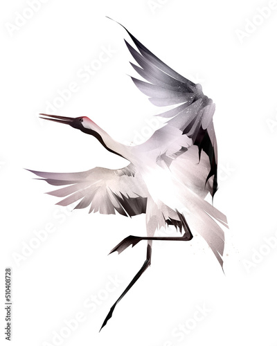 drawn bird crane with wings on a white background