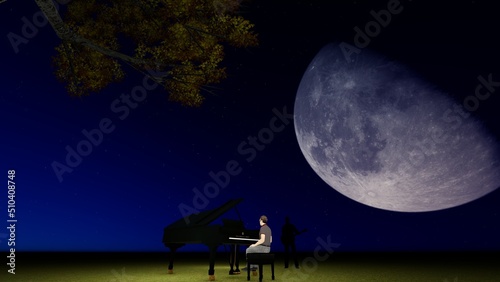 3D illustration of a tree on a full moon background. A man plays the piano on a night under the full moon. Starry night. 3D rendering