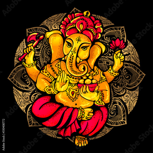 vector isolated image of Hindu lord Ganesh. Ganesh Puja. Ganesh Chaturthi. It is used for postcards, prints, textiles, tattoo.