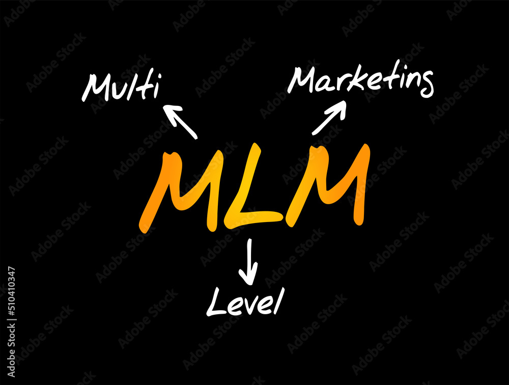 MLM Multi Level Marketing - monetary strategy used by direct sales companies to encourage existing distributors to recruit new distributors, text concept for presentations and reports