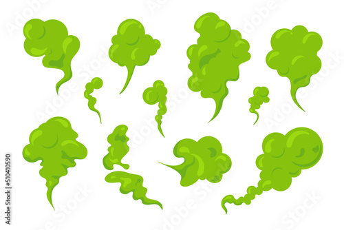 Bad smeeling clouds set. Green fart toxic smoke. Cartoon stinky old nasty odor fumes poison gas. Dirt aroma stench. Vector concept isolated on white background