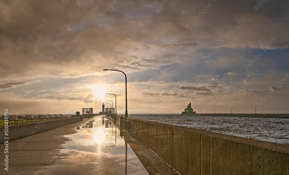 Canal Park sunrise with lighthouses in Duluth