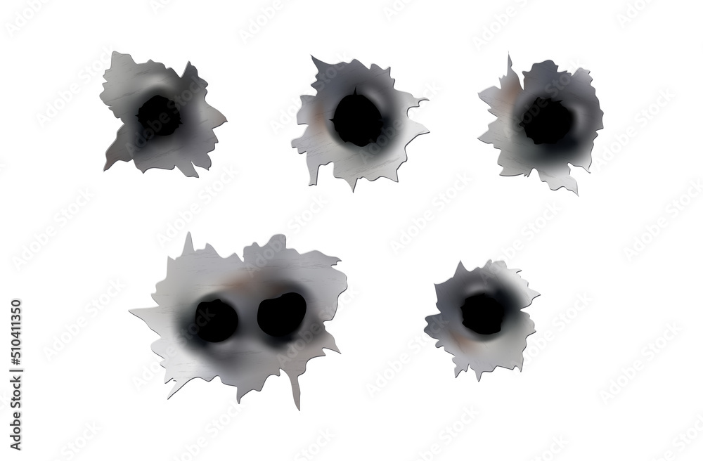 Bullet holes of gun or pistol. Shoot in metal single and double hole ...